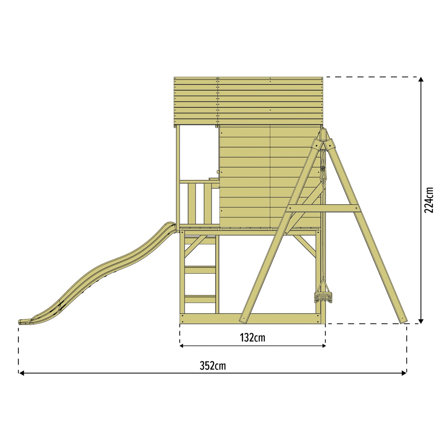 Zwerkules Spielhaus Lolla mit Rutsche und Schaukel, Abmessungen 352x280x224 cm, aus FSC®-zertifiziertem Holz.
