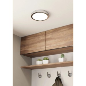 Chromfarbene LED-Deckenleuchte Fueva 5 von Eglo, Ø 21cm, warmweißes Licht für Bad und Wohnraum.