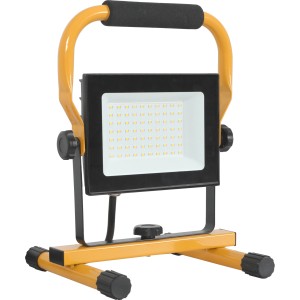 LED Arbeitsleuchte 50W, 4200lm, 4000K, IP67. Baustrahler mit gelbem Gestell und Tragegriff.