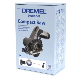 Dremel Akku-Handkreissäge CS12V-S1 im Karton mit Zubehör wie Akku, Sägeblatt und Absaugadapter.