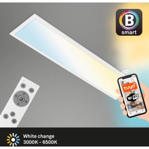 Dimmbare, weiße Brilo LED-Deckenleuchte Piatto S B-Smart mit Fernbedienung und App-Steuerung.