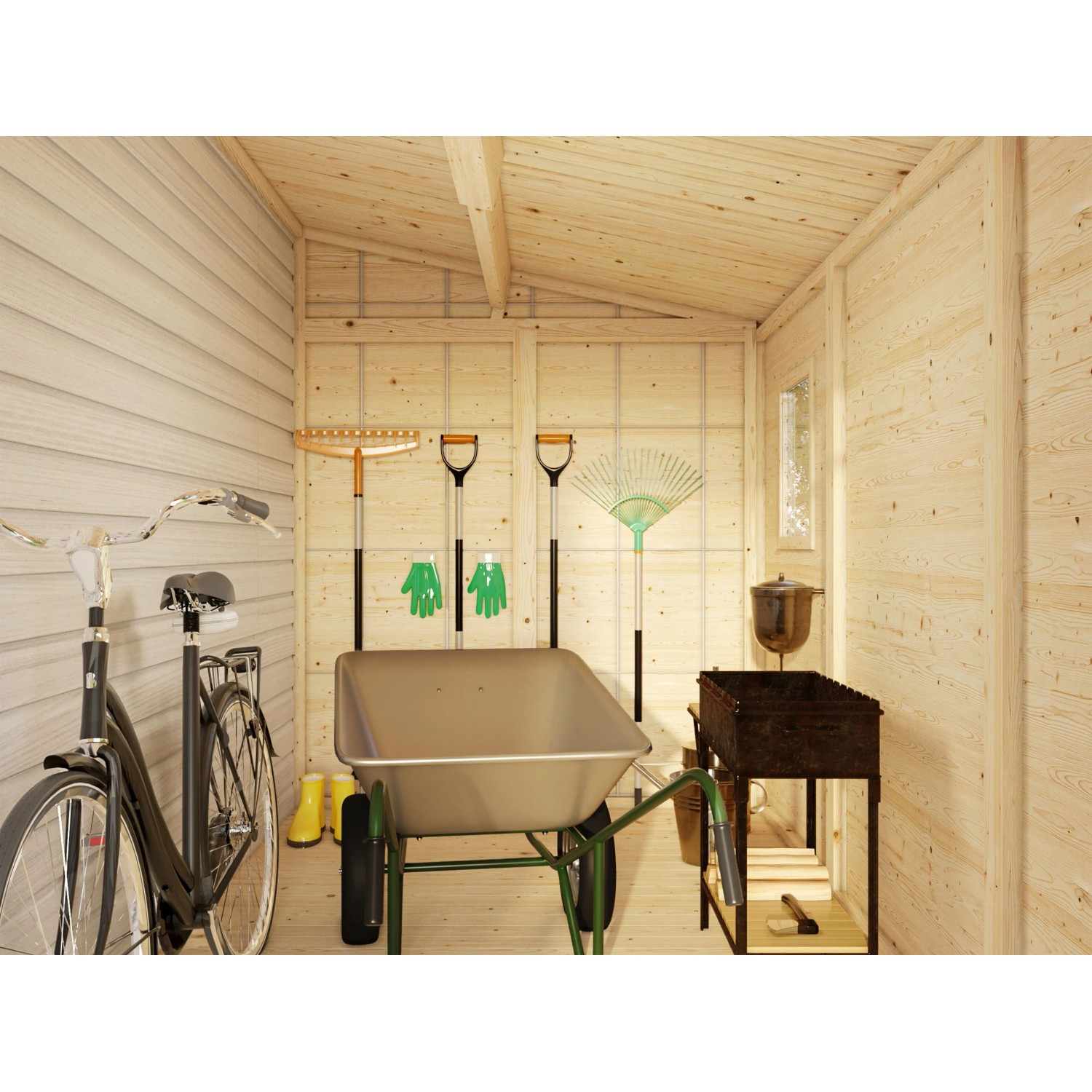 Innenansicht: Palmako Mia Holz-Gartenhaus mit Gartengeräten, Schubkarre und Fahrrad.