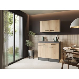 Respekta Sideboard Oliver Set 100 cm. Oberschränke, Unterschränke Artisan Eiche Fronten, Granit Optik Arbeitsplatte. Moderne Küchenmöbel.