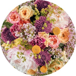 Selbstklebende Vliesfototapete Dot Frescas von Komar mit Blumenmuster, Ø 125 cm.