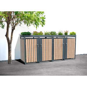 Westmann Mülltonnenbox Planta für 4 Tonnen, anthrazit mit Holzoptik und Pflanzdach.