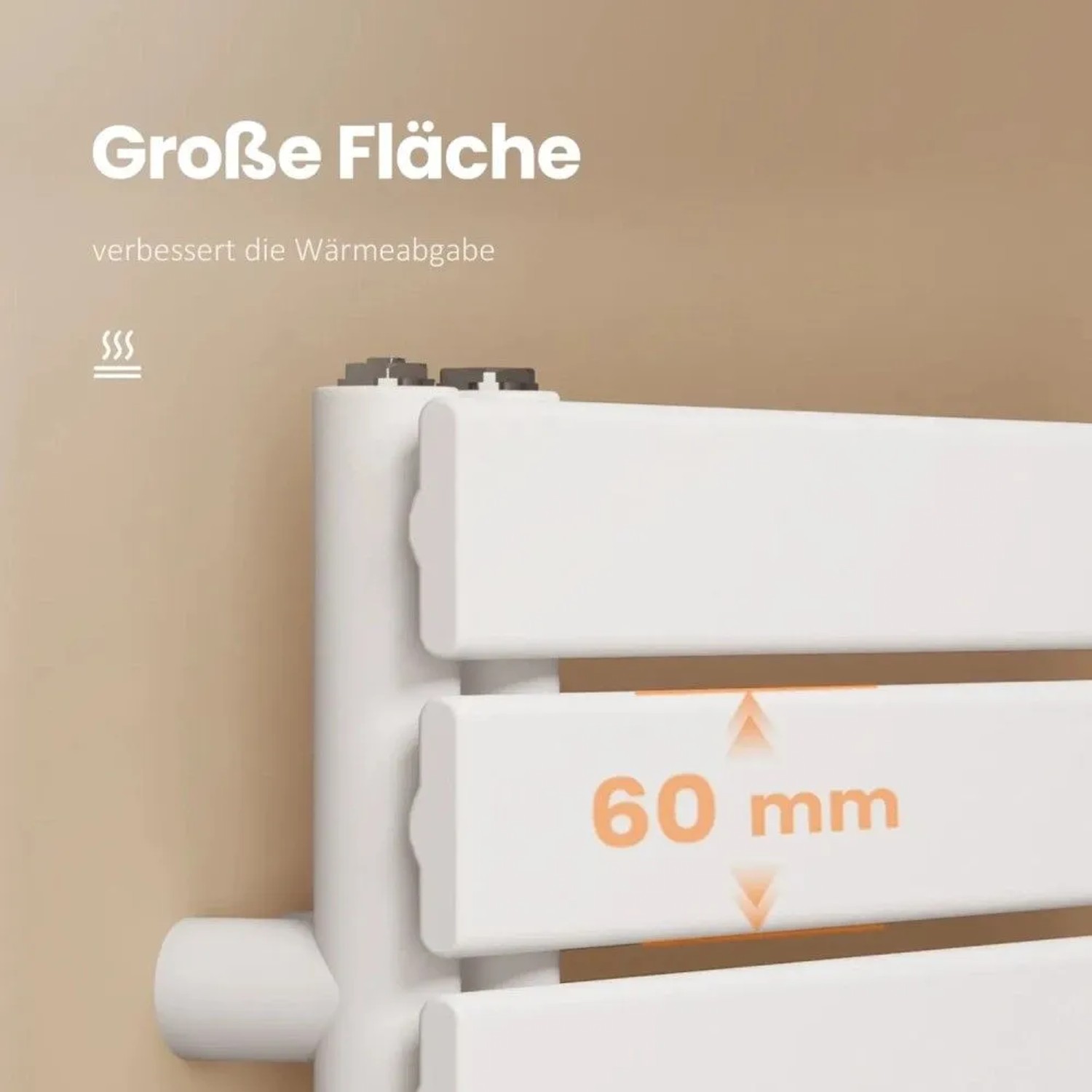 Weißer Emke Badheizkörper mit flachen Heizstäben, 60 mm Abstand für große Wärmeabgabe. Ideal als Handtuchwärmer.