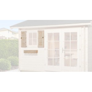 Weka Fensterladen und Blumenkasten aus Holz, naturbelassen, zur Montage an einem Gartenhaus.