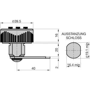 Technische Zeichnung: Basi Hebelschloss HS 362 mit Zahlenkombination, Maße und Ausstanzung für Spinde.