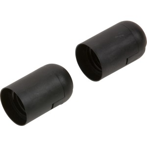 Zwei schwarze E27 Lampenfassungen aus Kunststoff für Lampeninstallation.