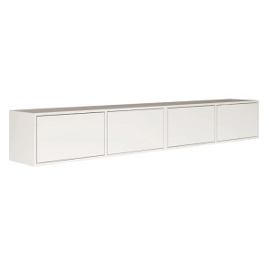 Weißes Selsey Framme TV-Hängeboard, 200 cm breit, mit 4 grifflosen Klappen. Modernes, wandmontiertes Lowboard.