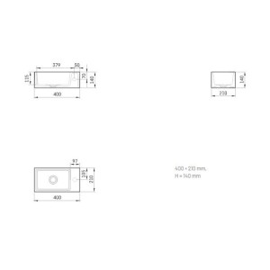 Technische Zeichnung: PAA Waschbecken MI/A, Mineralwerkstoff, 40x210x14 cm, Weiß Matt, für Gäste-WC.