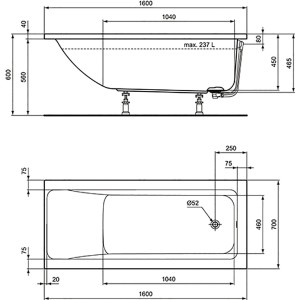 Skizze der Ideal Standard Connect Air Badewanne, 160x70 cm, mit Maßangaben.