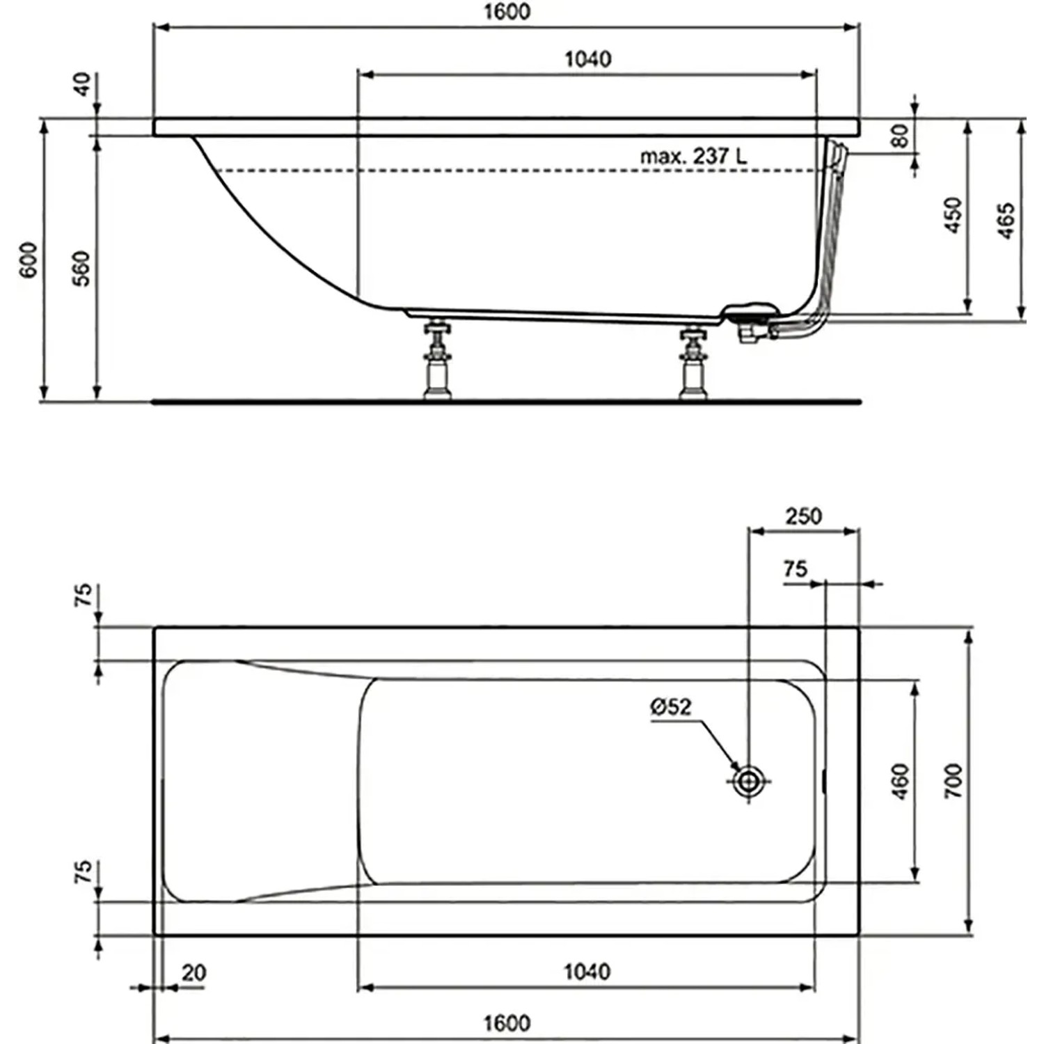 Skizze der Ideal Standard Connect Air Badewanne, 160x70 cm, mit Maßangaben.
