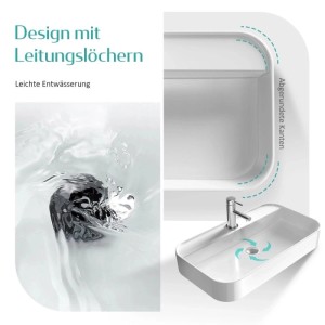 Weißes Keramik-Aufsatzwaschbecken, eckig mit Hahnloch. Zeigt abgerundete Kanten und leichte Entwässerung.