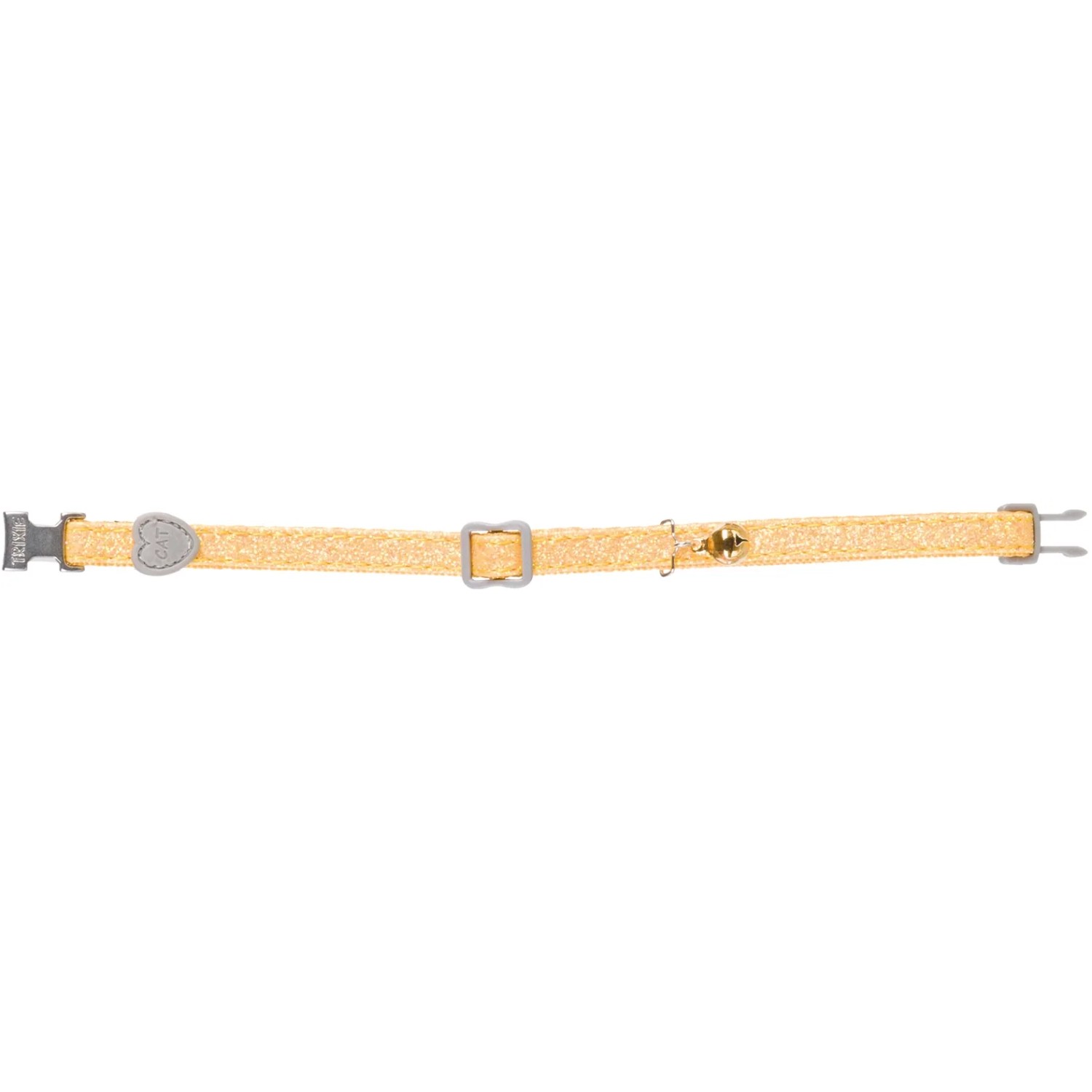 Gelbes Trixie Katzenhalsband aus Nylon, verstellbar mit Glöckchen und Verschluss.