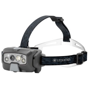 Ledlenser HF8R Core Stirnlampe in Schwarz, mit grauem Stirnband und weißer Halterung.