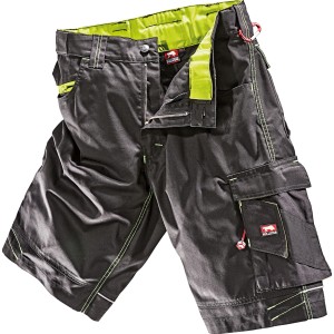 Bullstar Arbeitsshort Ultra, schwarz-lime, Gr. 58, mit vielen Taschen und hochgezogenem Bund.
