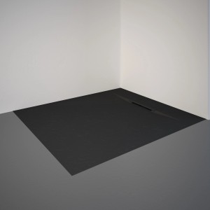 Rechteckige, anthrazitfarbene Schulte Duschwanne ExpressPlus Extraflach 100x90 cm im Badezimmer.