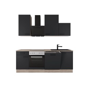Flex-Well Exclusiv Küche 1701-017sWs Capri 220 cm Schwarz Matt-Endgrain Oak