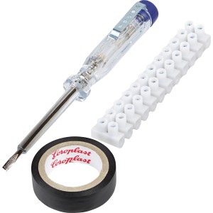 Installations-Set Classic, 3-teilig: Spannungsprüfer, Lüsterklemme, Isolierband für Lampeninstallation.