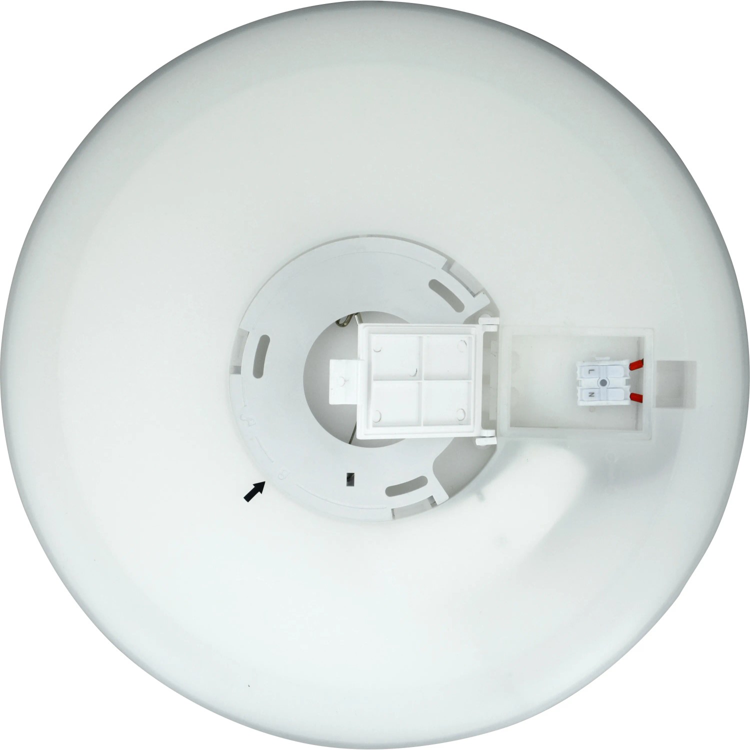 Detailansicht der weißen E2 Elektro Aufbau-LED-Panel Twice² Deckenleuchte (Ø 33cm) mit Montagevorrichtung.