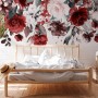 Fototapete mit Blumenmuster in Rot, Rosa, Lila und Weiß vor Steinwand, 3,50 m x 2,55 m, FSC®-zertifiziert.