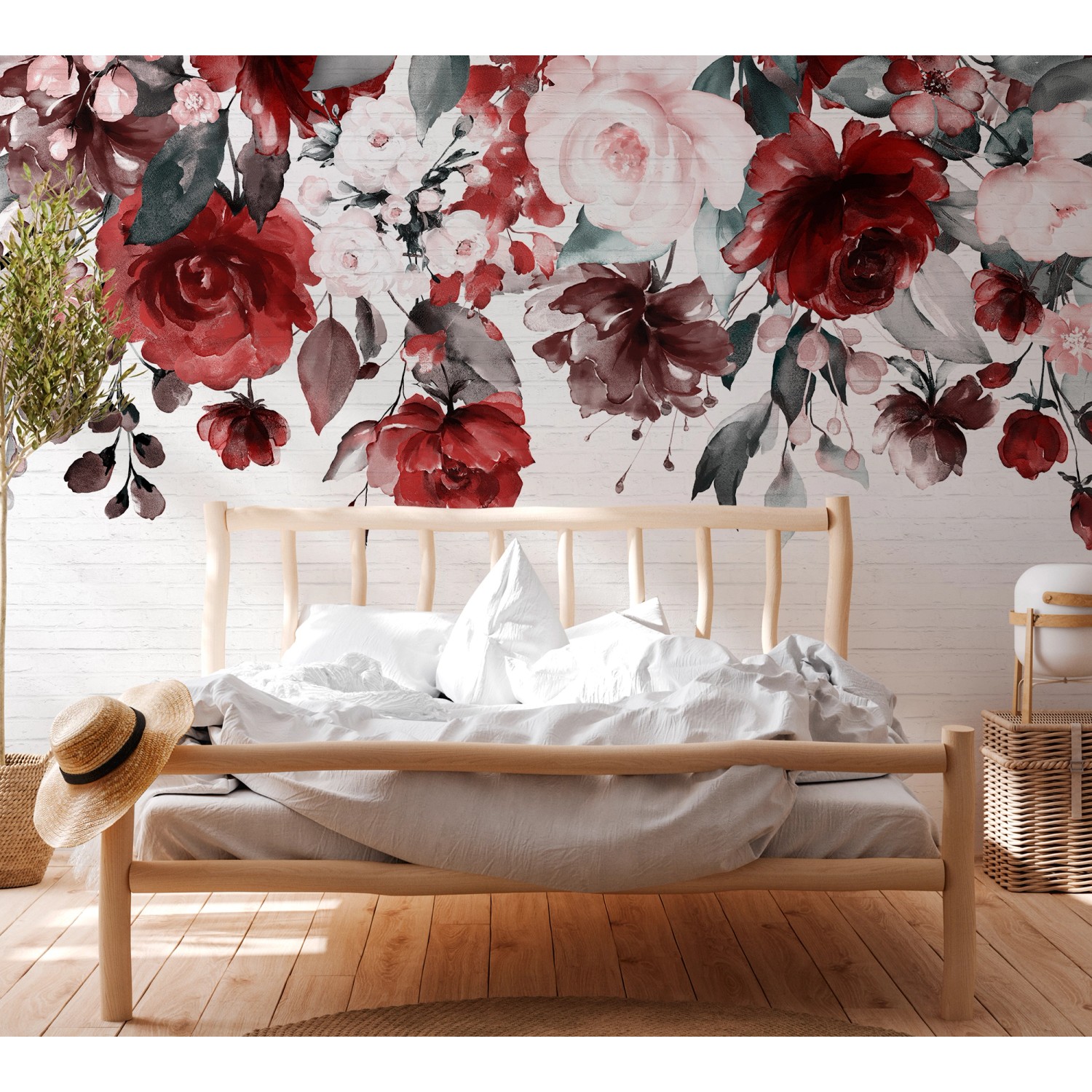 Fototapete mit Blumenmuster in Rot, Rosa, Lila und Weiß vor Steinwand, 3,50 m x 2,55 m, FSC®-zertifiziert.