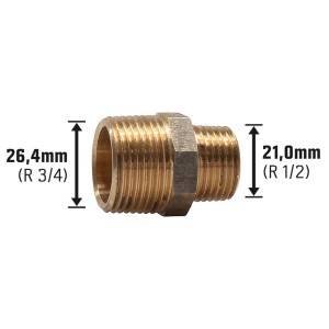 Gewinde-Reduziernippel aus Rotguss, 21 mm (R 1/2) x 26,4 mm (R 3/4) für Gewindefittings.