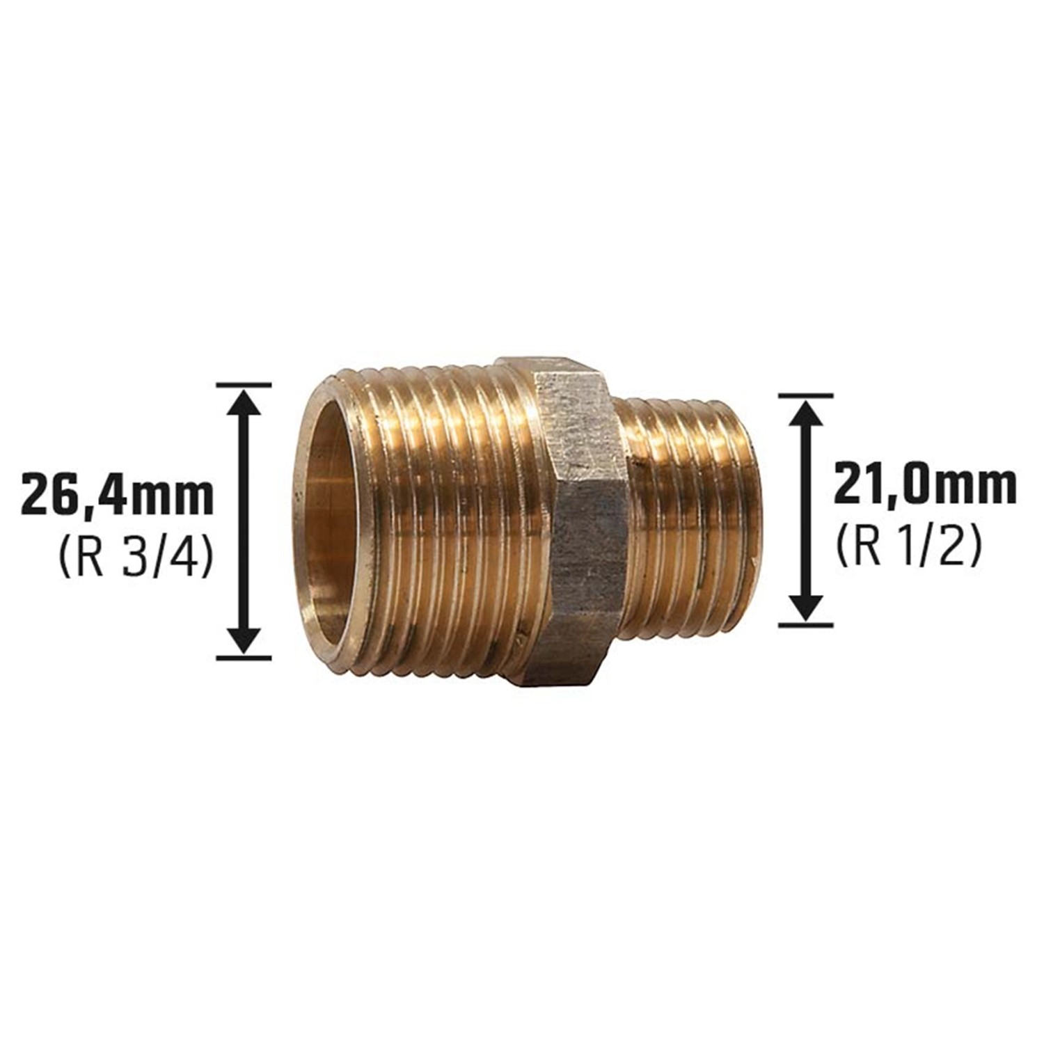 Gewinde-Reduziernippel aus Rotguss, 21 mm (R 1/2) x 26,4 mm (R 3/4) für Gewindefittings.