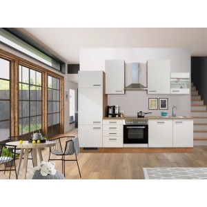 Flex-Well Küchenzeile Vintea 280 cm, Magnolia/Lancelot Oak, mit E-Geräten und Spüle.