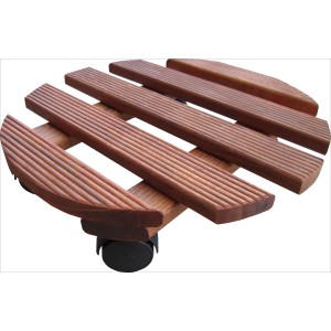 Runder Pflanzenroller aus Mahagoni-Buche, Ø 30 cm, mit schwarzen Rollen.