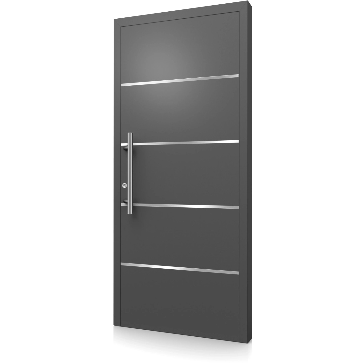 Moderne anthrazitfarbene Aluminium Haustür mit Edelstahl-Applikationen und Griff links.