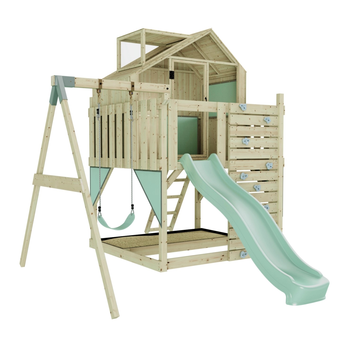 Kinderspielturm mit mintgrüner Schaukel, Rutsche und Kletterwand aus Holz.