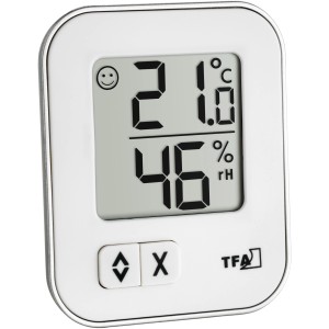 Digitales Thermo-Hygrometer Moxx von TFA, weiße Wetterstation mit Anzeige von Temperatur und Luftfeuchtigkeit.