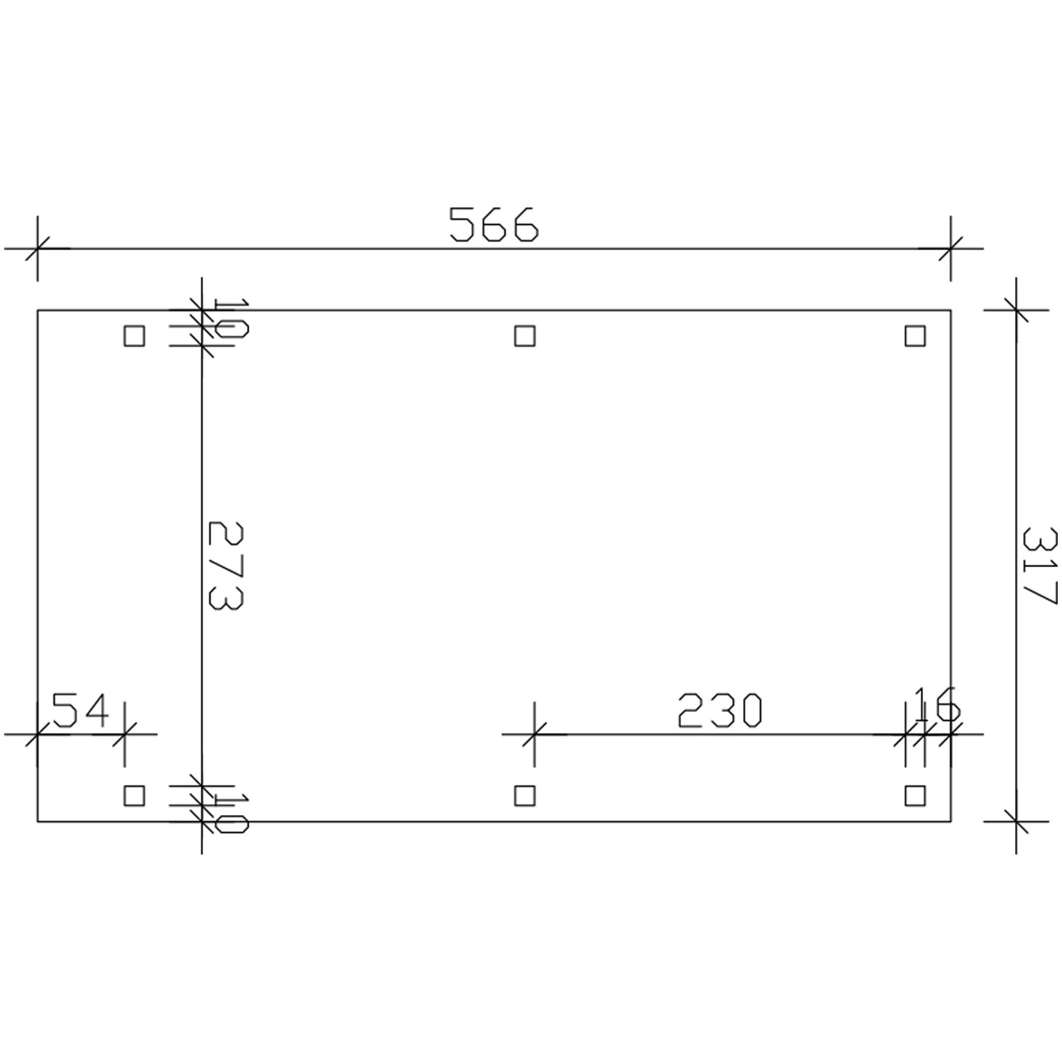 Maße des Skan Holz Carport Fichtelberg: 317 x 566 cm, Pfostenpositionen und Abstände.