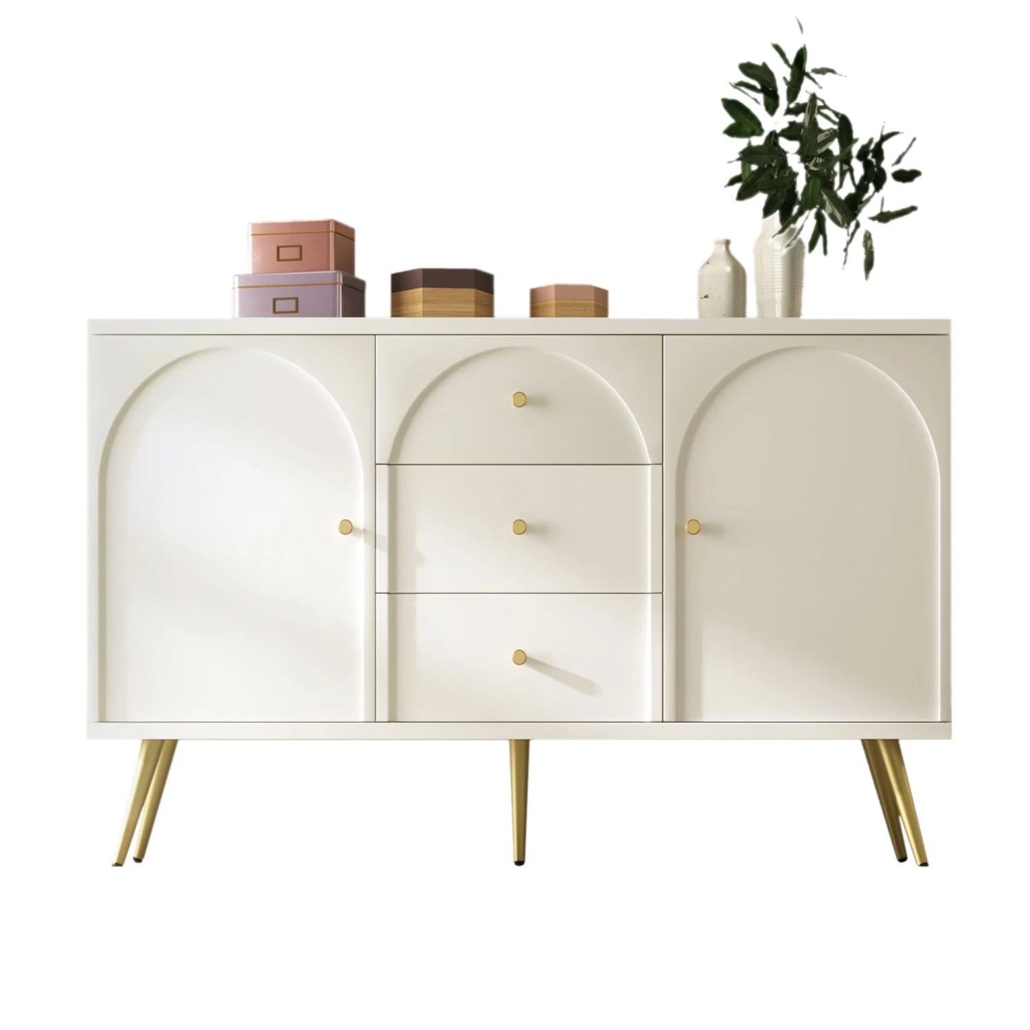 okwish Kommode mit Türen Schubladen Wohnzimmer Schlafzimmer 84x140x40cm Cremeweiß_9