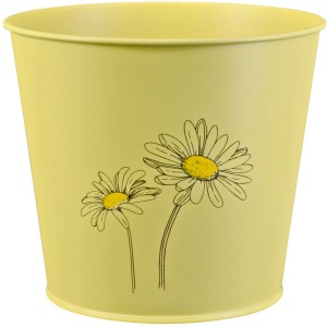 Gelber Zink Eimer Kräutertopf mit Blumenprint, ideal als Übertopf für Kräuter und Blumen.