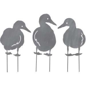 Gartenstecker Ente, grau, 3er Set, aus Eisen, 15,5x37cm, Dekoration für den Garten.