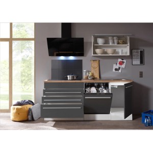 Respekta Premium Küchenzeile 320 cm in Grau-Weiß Hochglanz mit E-Geräten und Geschirrspüler.