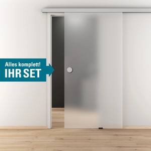 Glasschiebetür-Set Nova 501 Alu, satiniertes Glas mit Griffmuschel und Softeinzug, 190 cm.