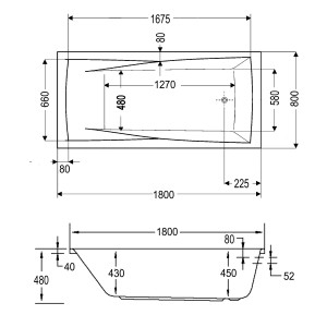 Technische Zeichnung: Ottofond Whirlpool Atlanta Premium, 180x80 cm, Maße für Installation.