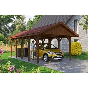 Satteldach-Carport Wallgau in Nussbaum mit roten Dachschindeln und gelbem Auto.