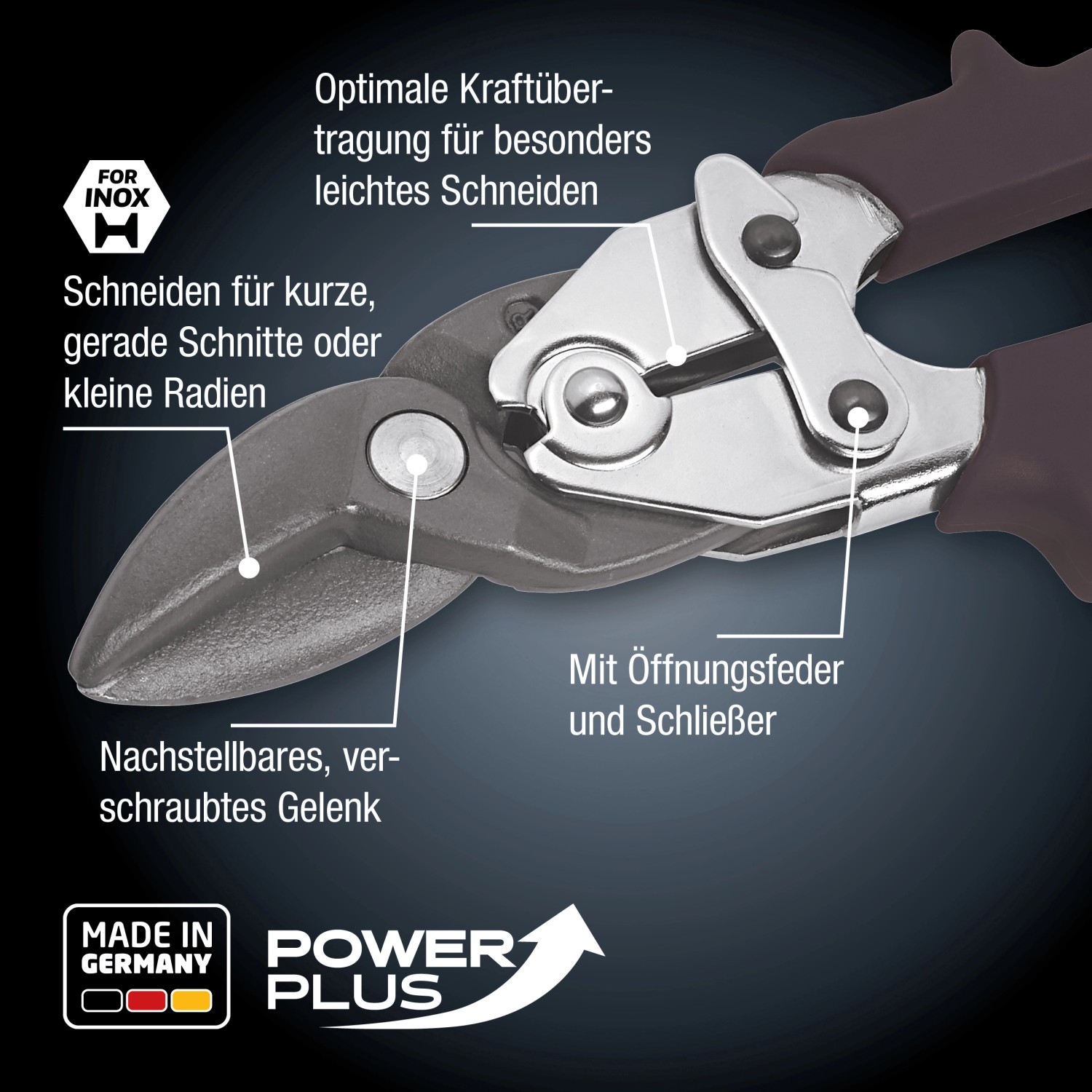 LUX Blechschere rechts, 250 mm, Comfort, Detailaufnahme der Zange mit Schneide und Gelenk.