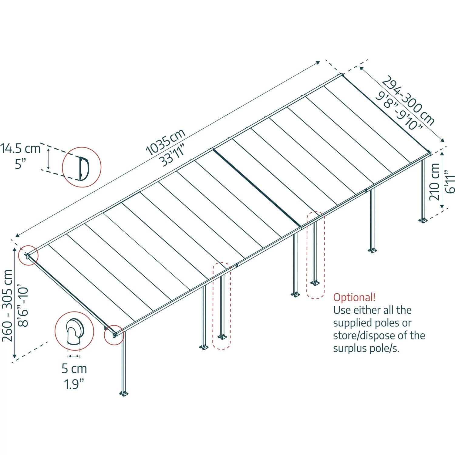 Technische Zeichnung: Graue Palram Canopia Terrassenüberdachung Sierra, Maße 1035x295 cm.