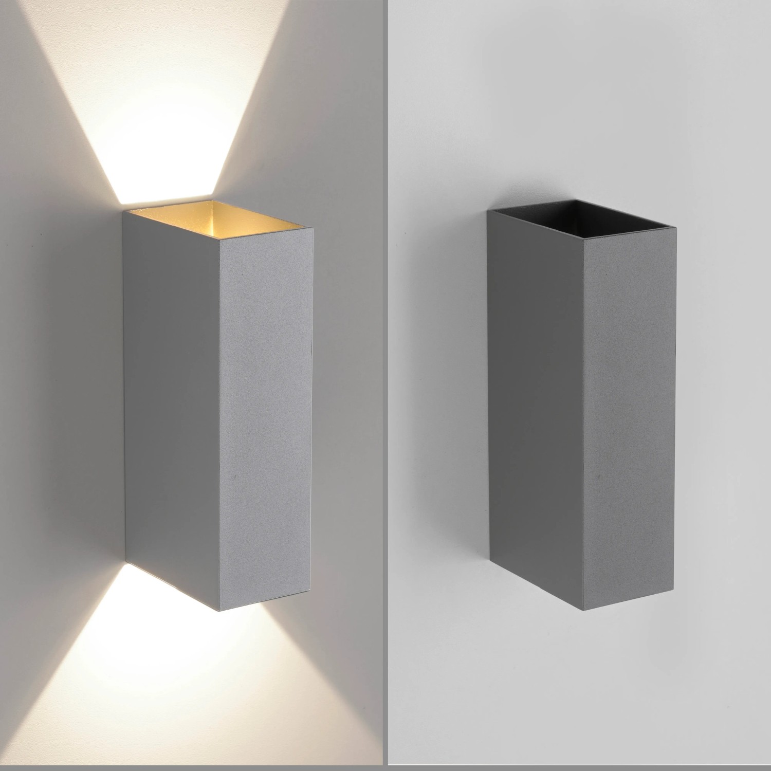 Graue LED-Wandleuchte Block von Paul Neuhaus für den Außenbereich, Lichteffekt nach oben und unten.