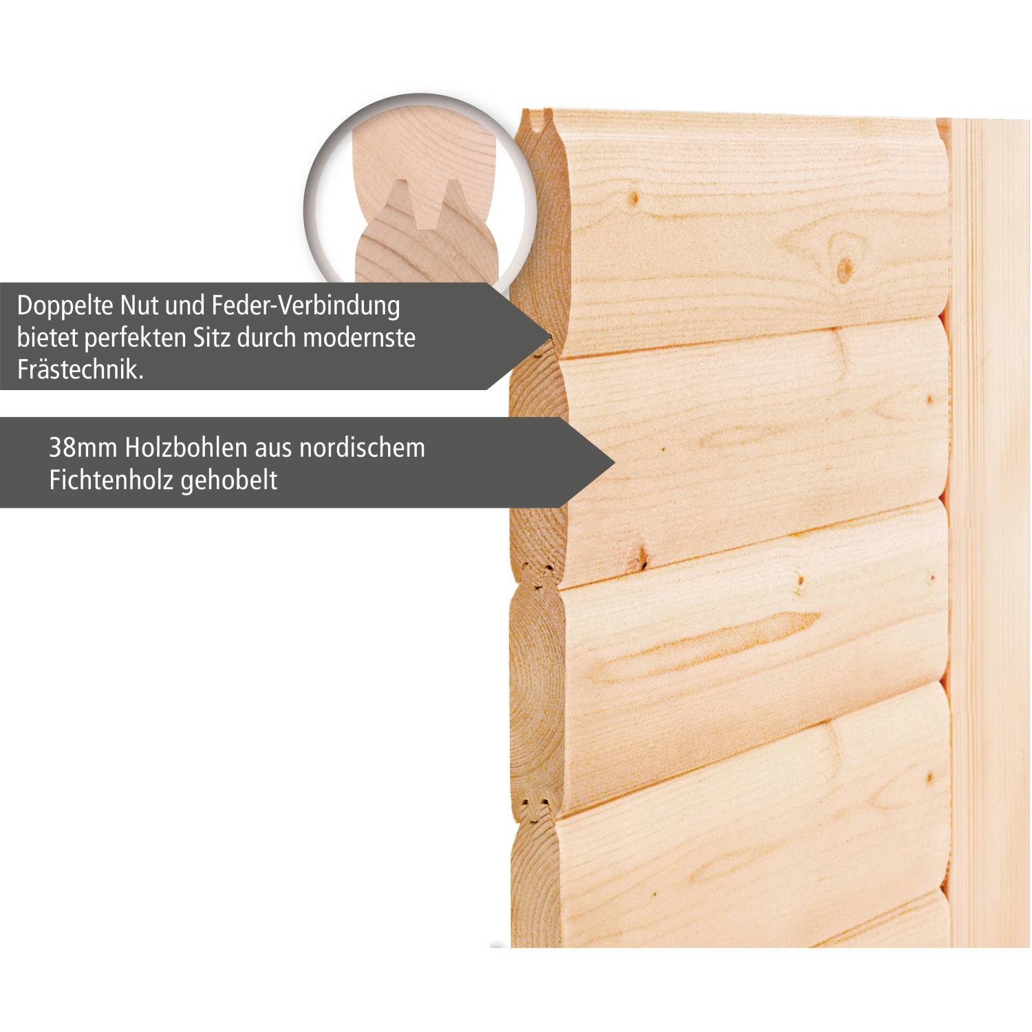 Detailaufnahme Karibu Sauna Leona: 38mm Fichtenholzbohlen mit Nut-Feder-Verbindung.
