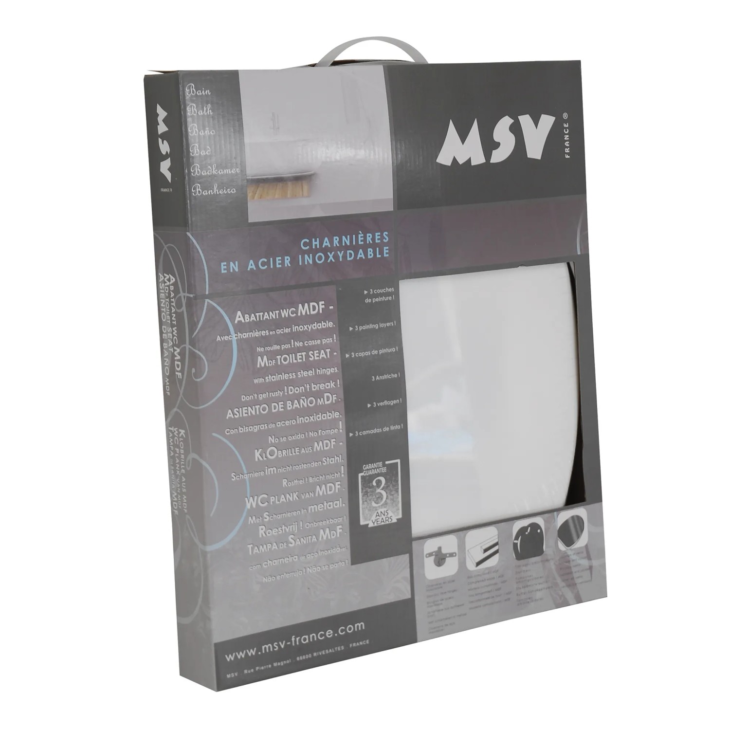 Verpackung des weißen MSV WC-Sitz Cleo aus MDF, 45x37x5,6cm, mit Edelstahl-Scharnieren.