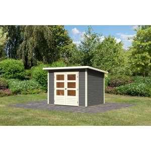 Terragraues Karibu Holz-Gartenhaus mit Pultdach und Doppeltür vor Gartenkulisse.