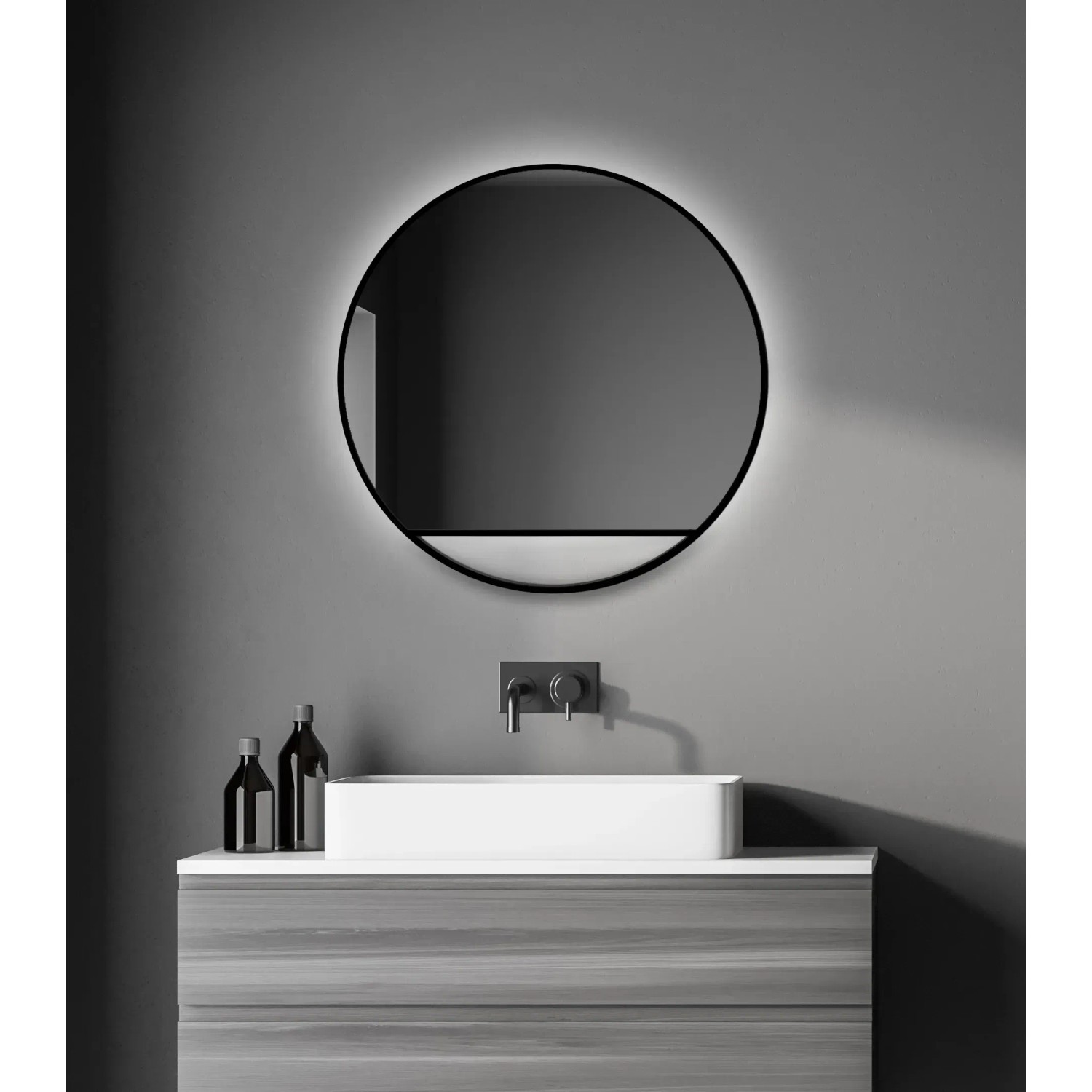 DSK Design LED-Lichtspiegel Silver Cosmos, Ø 60 cm, Schwarz Matt, runder Badspiegel mit LED-Beleuchtung.