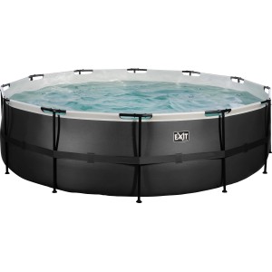 Schwarzer Exit Black Leather Pool, ø 488x122 cm, mit Sandfilterpumpe. Stahlrahmenpool mit Wasser.